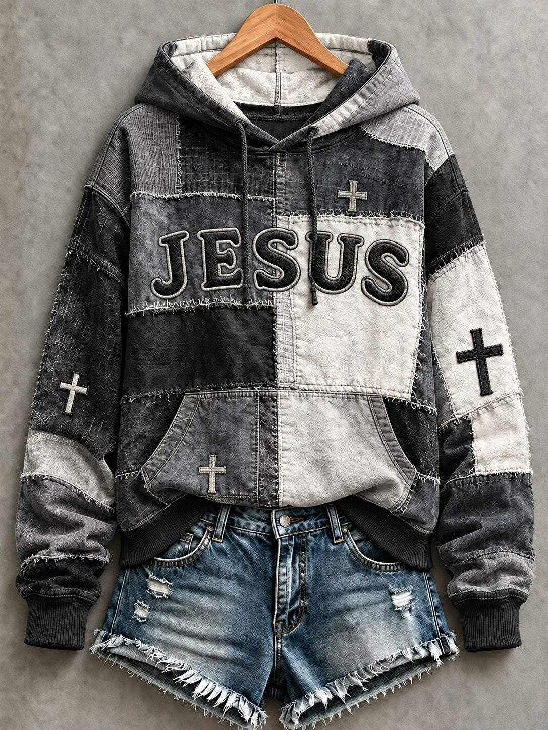 Women's JESUS cross print patchwork-look hoodie in Black / Gray / White