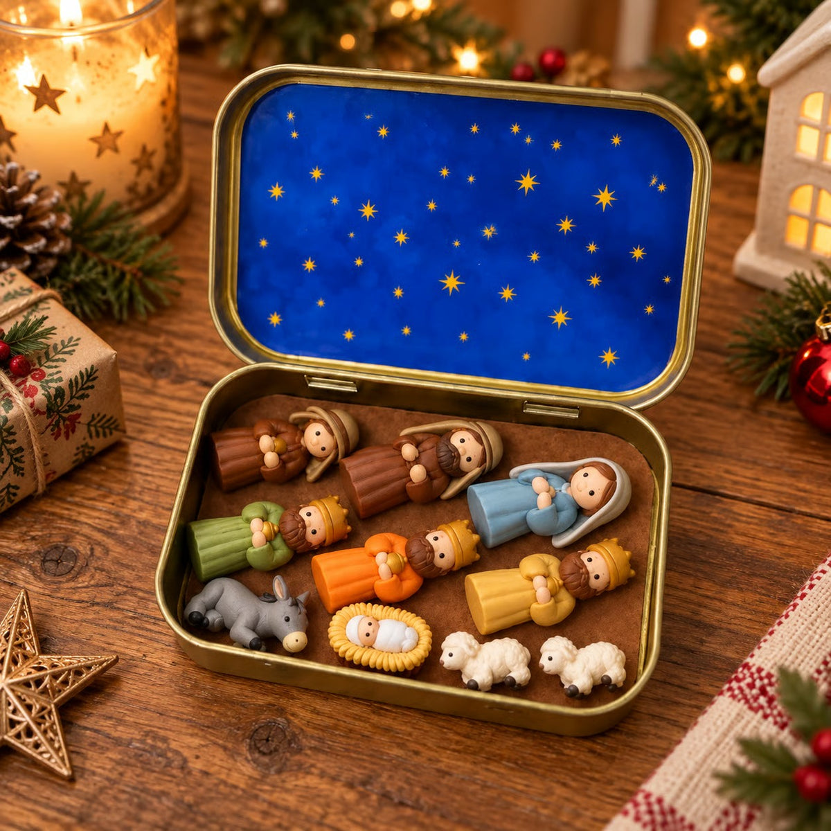 Mini nativity figures stored inside the keepsake tin