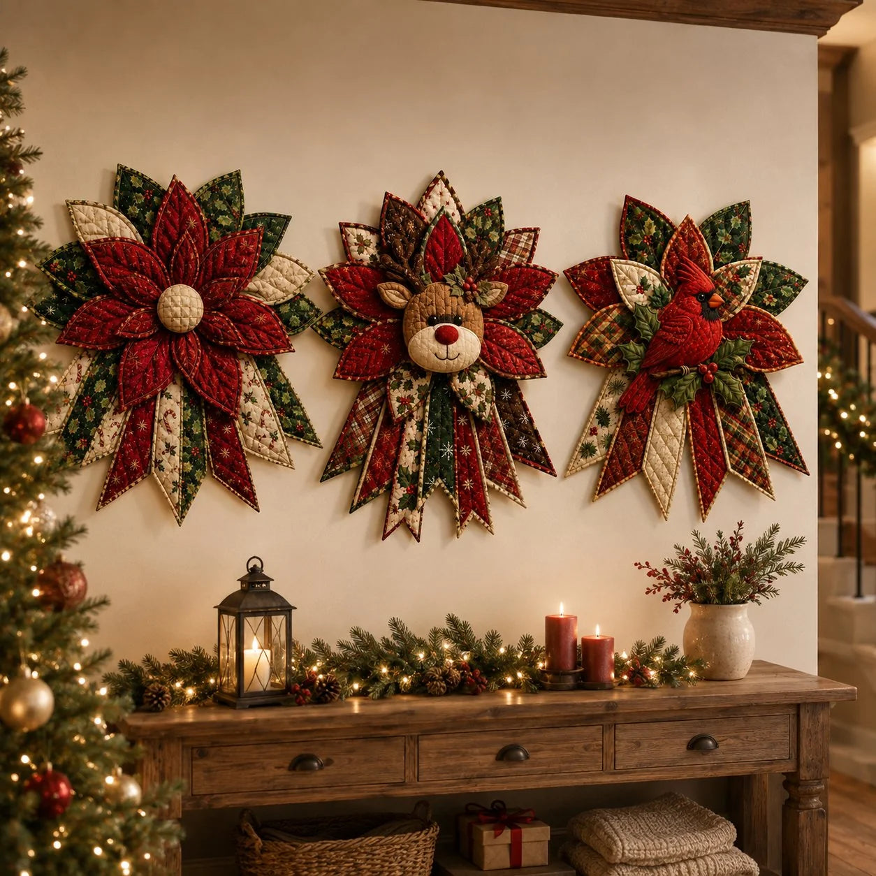 Three quilted Christmas door hangings displayed on living room wall
