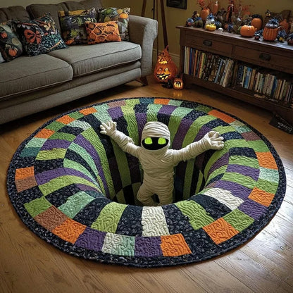 Halloween illusion rug with a 3D mummy emerging from a bottomless hole