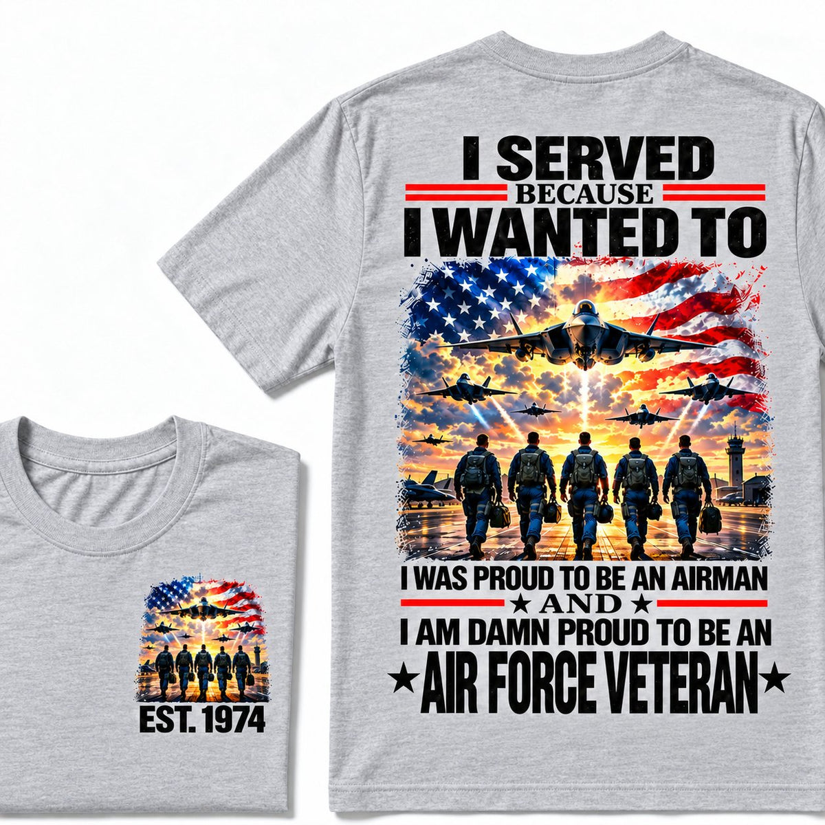 Gray Air Force veteran custom year T-shirt with front and back patriotic aircraft graphics