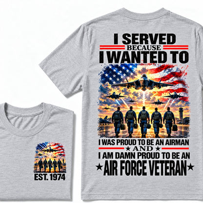 Gray Air Force veteran custom year T-shirt with front and back patriotic aircraft graphics