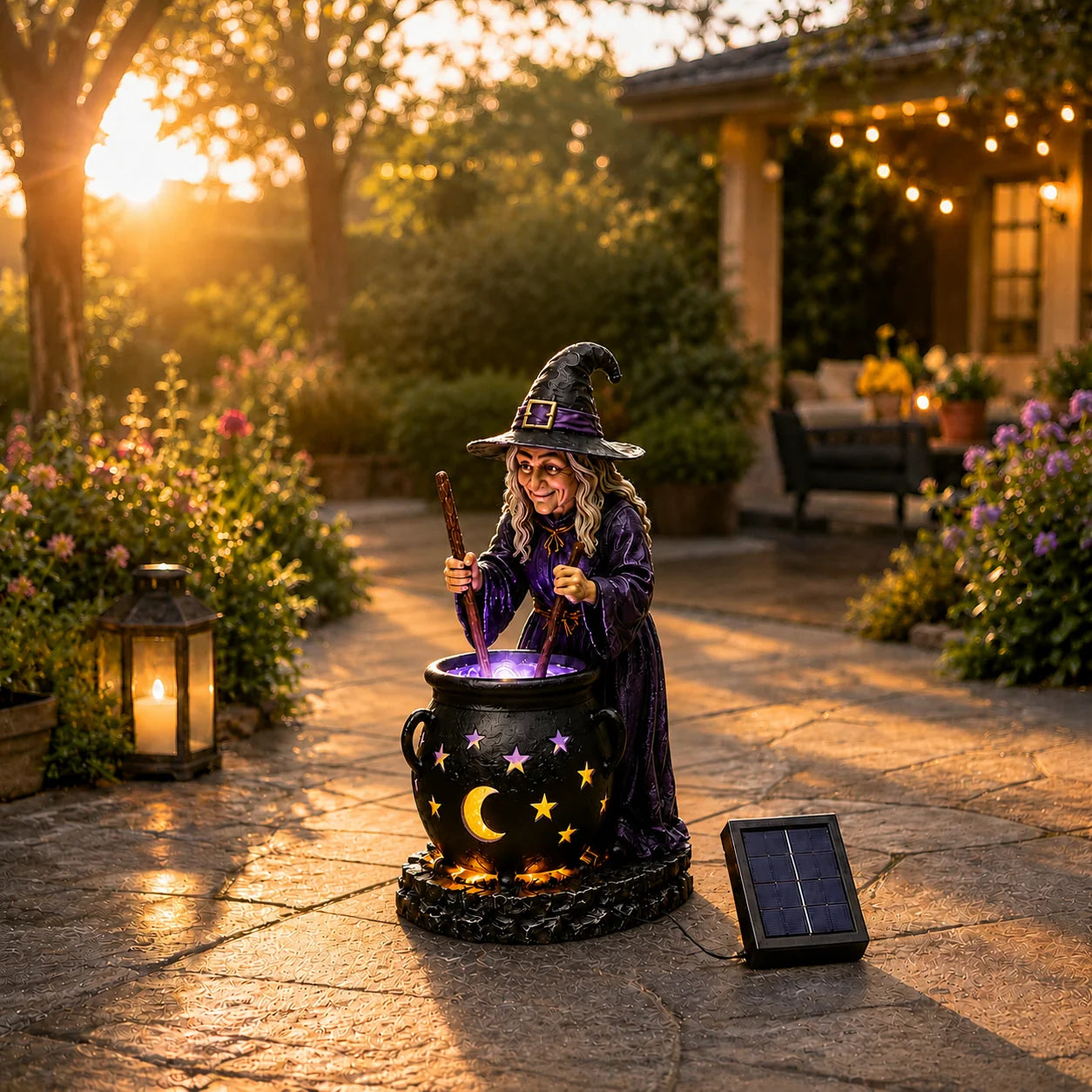 Witch cauldron solar garden light at golden hour on stone patio