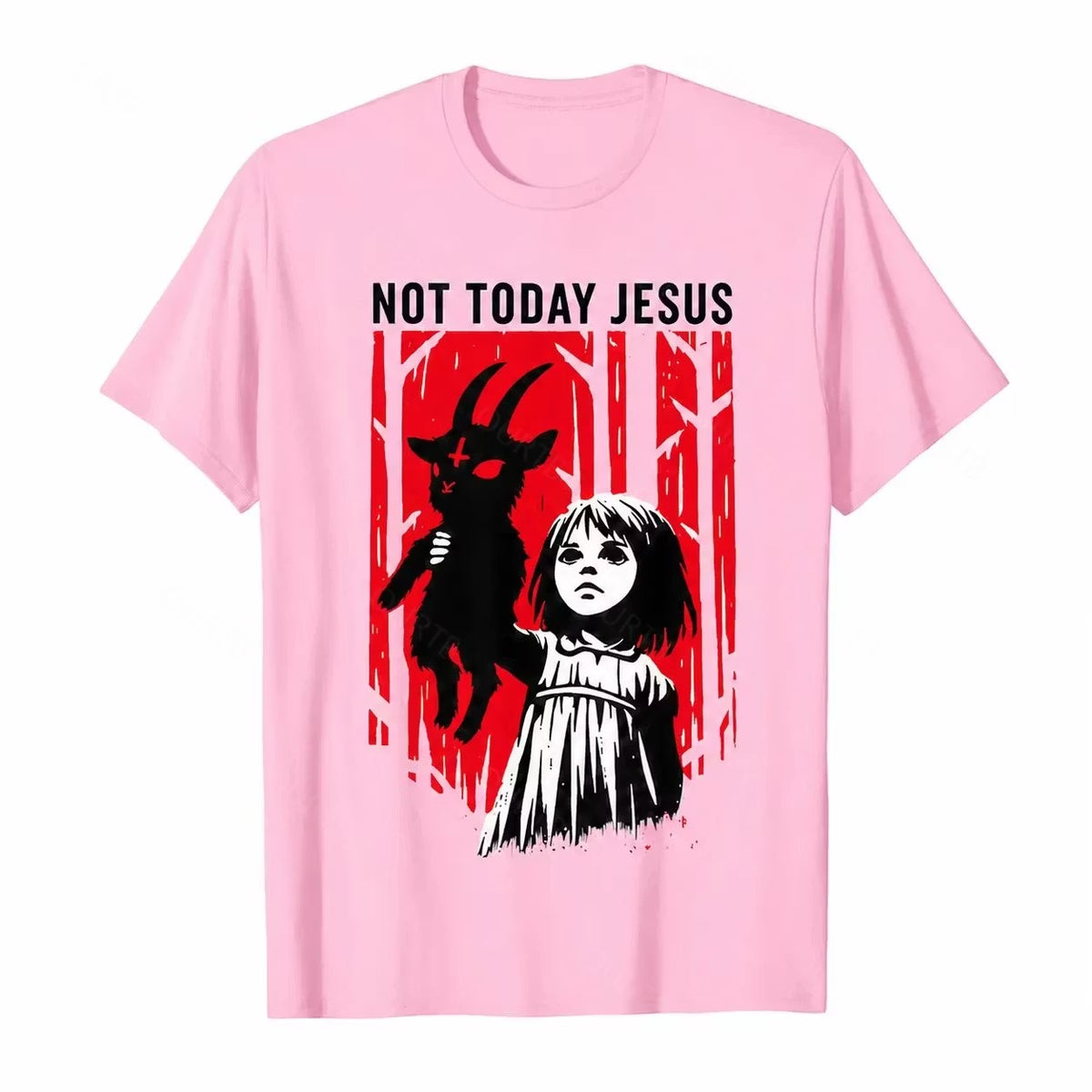 Pink Not Today Jesus gothic goat graphic T-shirt with red woodland artwork