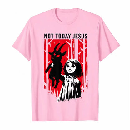 Pink Not Today Jesus gothic goat graphic T-shirt with red woodland artwork