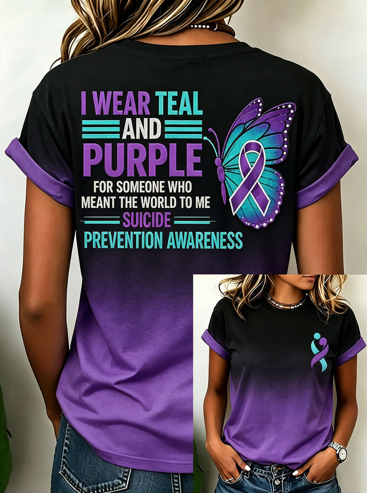 Women's Teal Purple Ribbon Butterfly Awareness T-Shirt