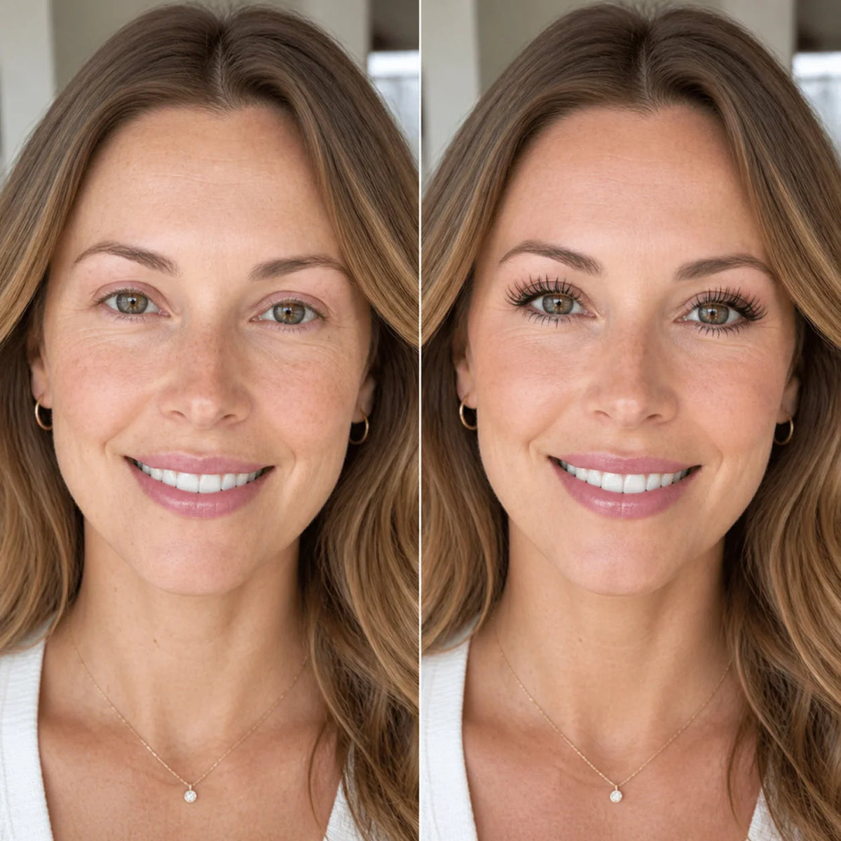 Mature lash mascara makeup look shown before and after application