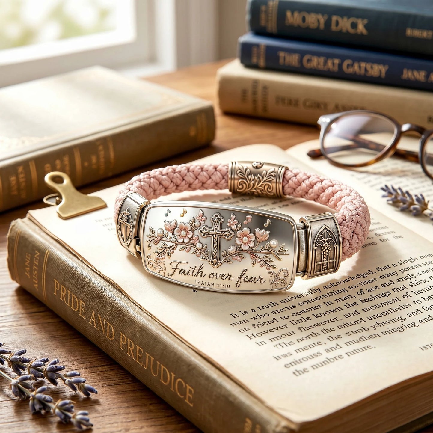 Faith Over Fear Christian bracelet styled with book and eyeglasses lifestyle shot
