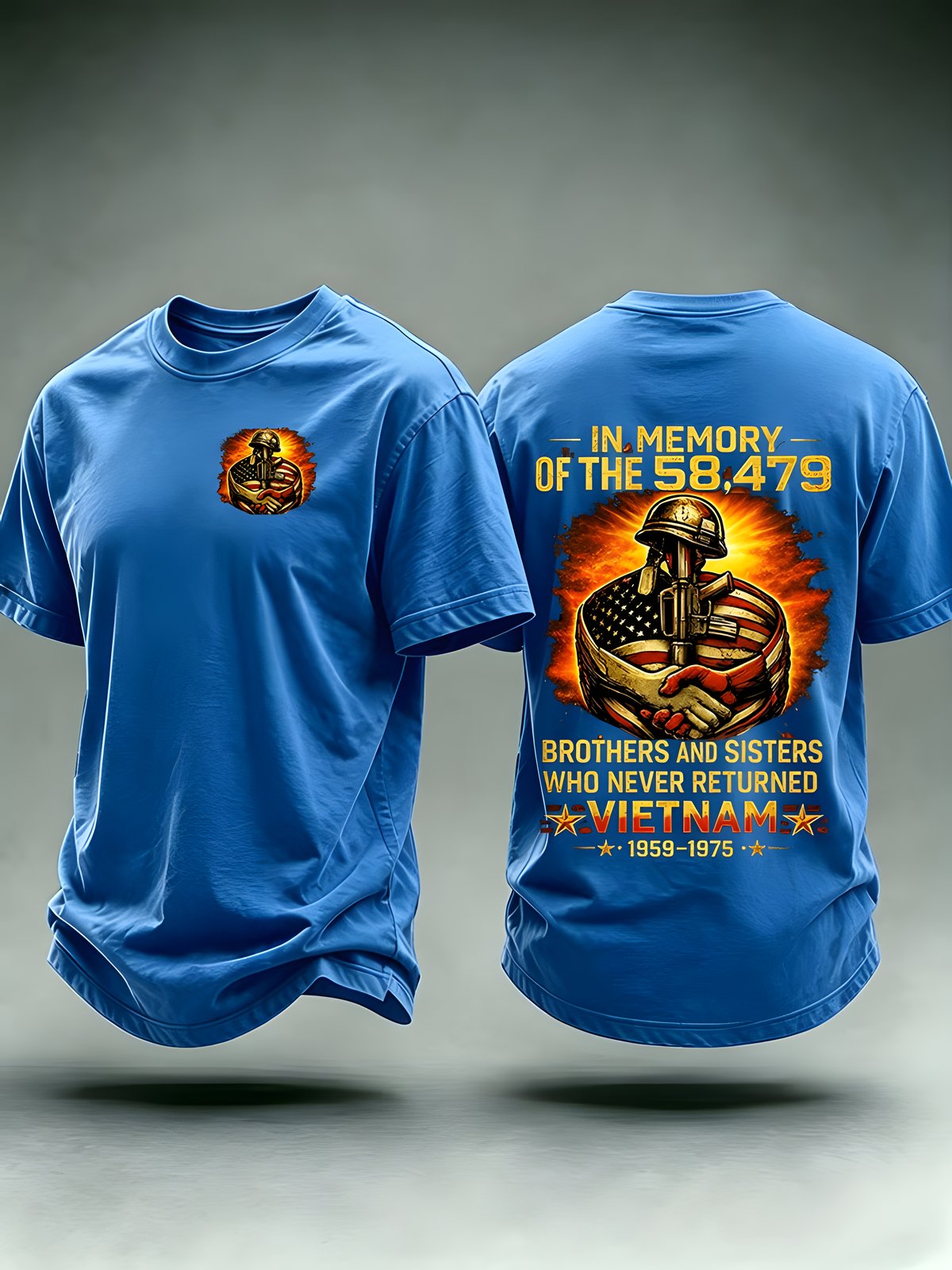 Blue Vietnam memorial tribute T-shirt with front and back graphics
