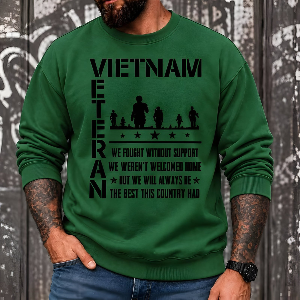 Vietnam Veteran crewneck sweatshirt in olive with soldier graphic