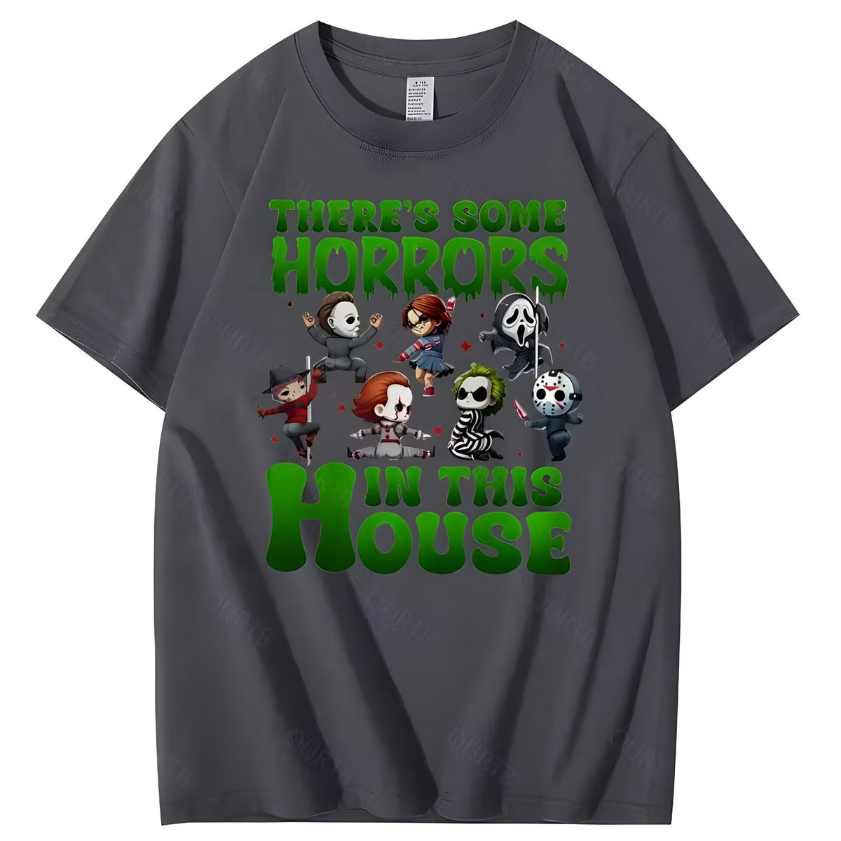 Grey Halloween horror character graphic cotton T-shirt, front view