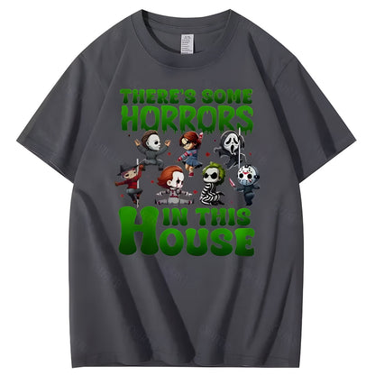 Grey Halloween horror character graphic cotton T-shirt, front view