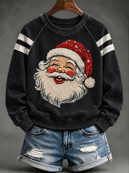 Black women's Santa print Christmas sweatshirt with striped sleeves