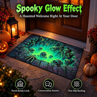 Glowing green skull pit Halloween doormat with non-slip backing