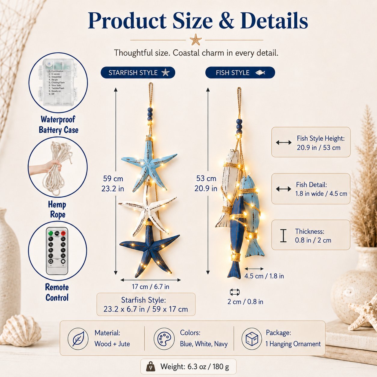 Coastal wooden starfish fish hanging decor size and details