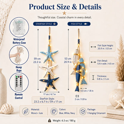 Coastal wooden starfish fish hanging decor size and details