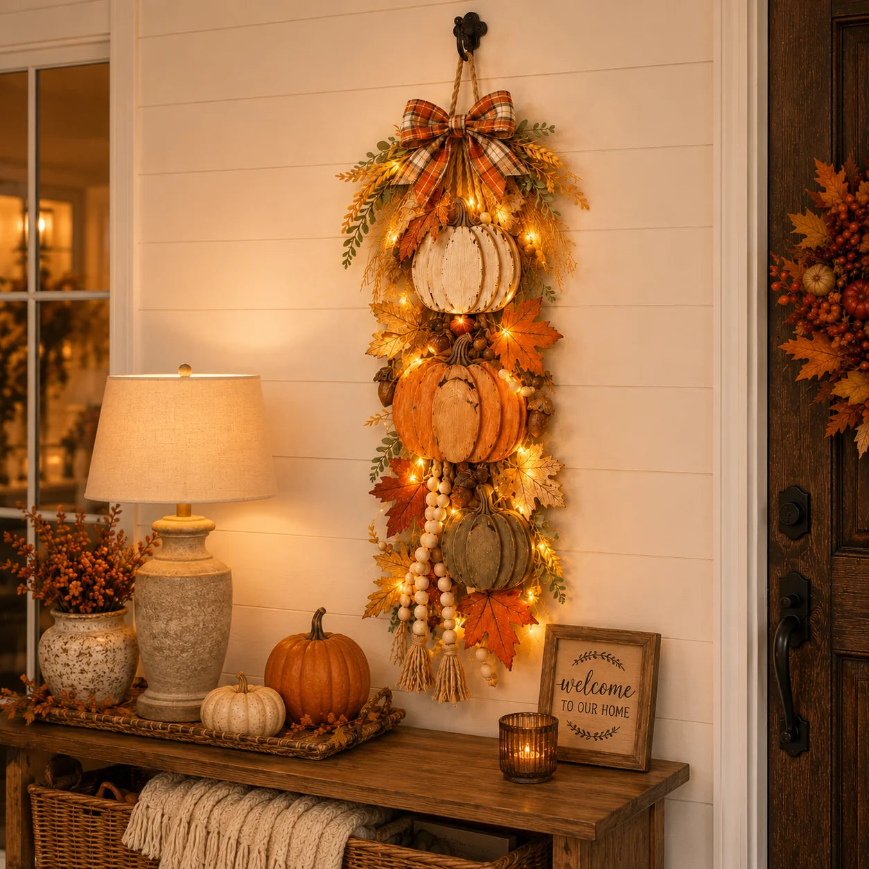Lighted wooden pumpkin door hanger close-up on porch column