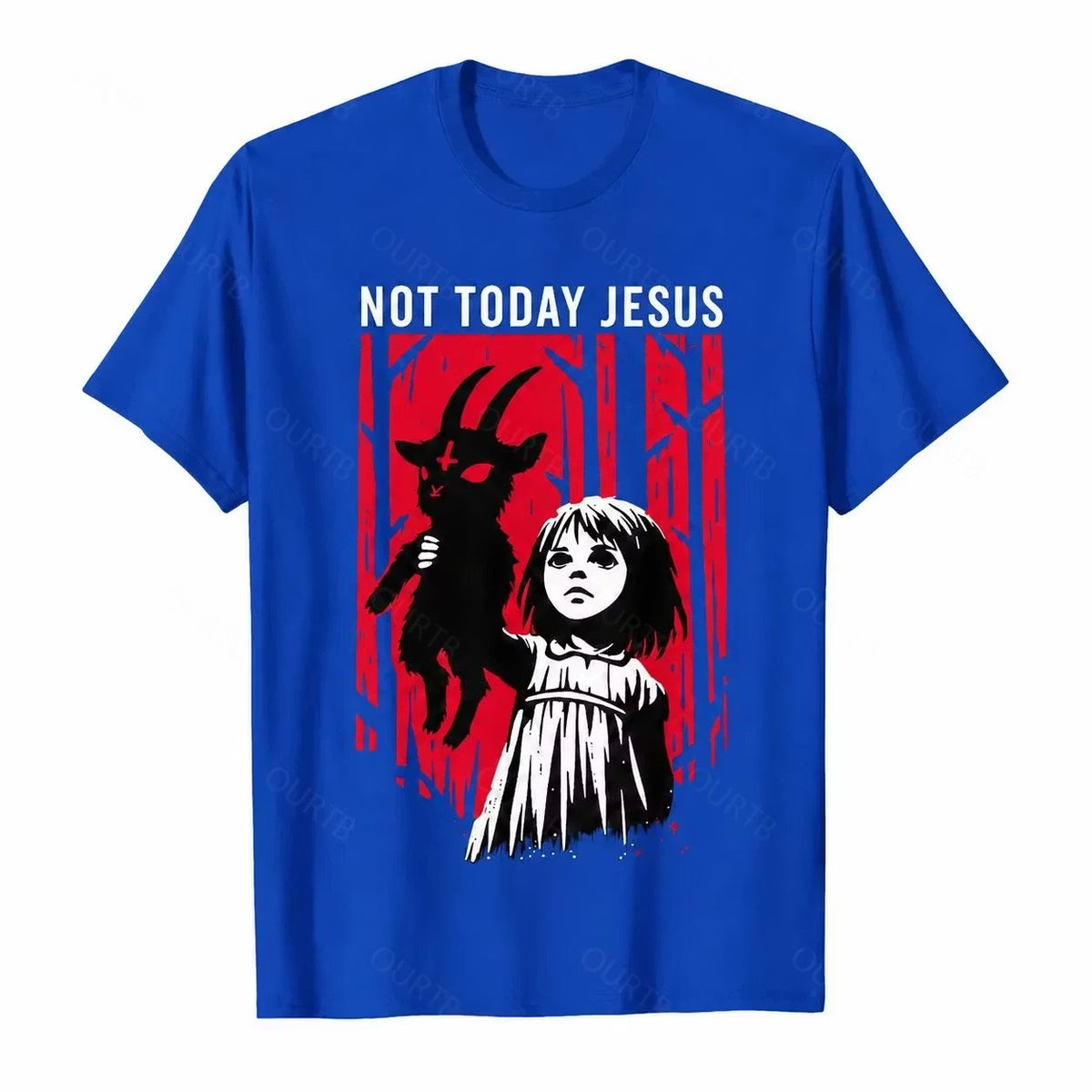 Blue Not Today Jesus gothic goat graphic T-shirt with red woodland artwork