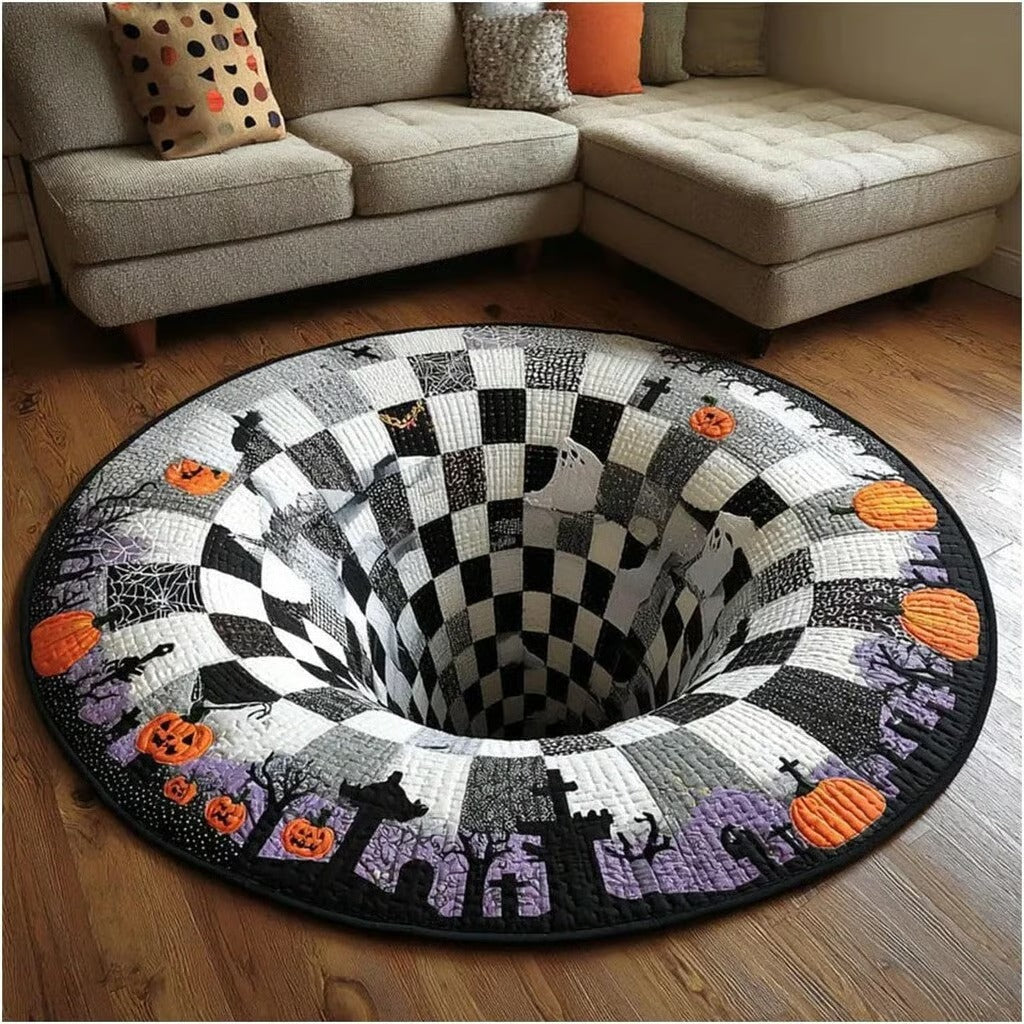 Black and white 3D vortex illusion Halloween rug with pumpkins and black cats