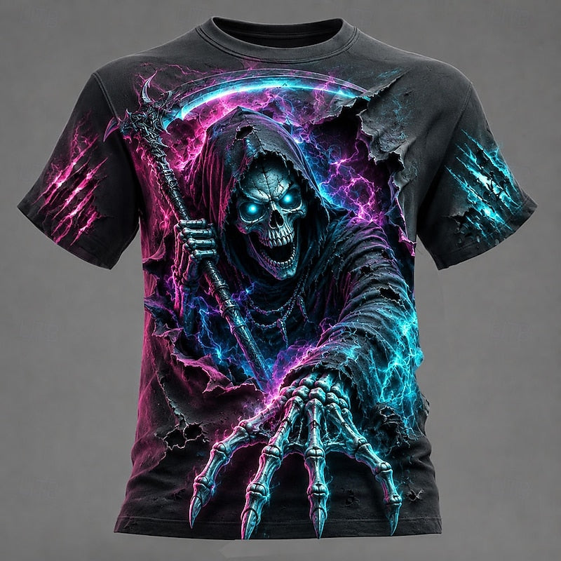 Black men's Halloween skull T-shirt with colorful grim reaper and scythe print