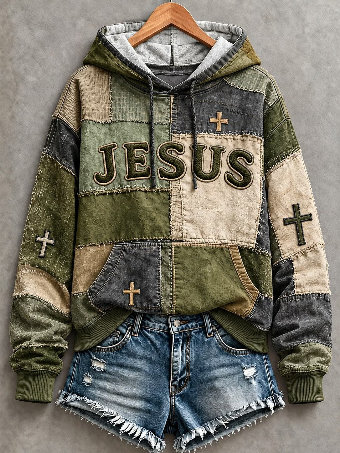 Women's JESUS cross print patchwork-look hoodie in Olive / Charcoal / Beige
