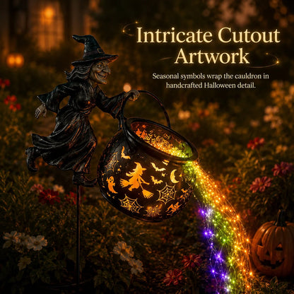 Intricate cutout artwork on Halloween cauldron surface