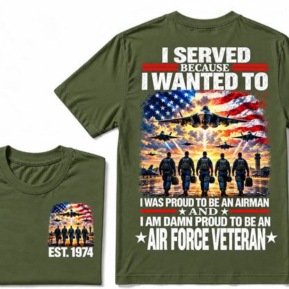 Olive Air Force veteran custom year T-shirt with front and back patriotic aircraft graphics