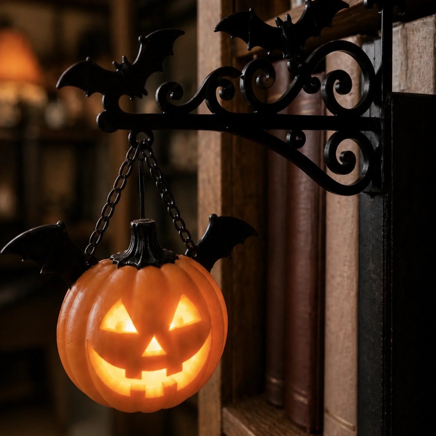 Pumpkin jack-o-lantern bookshelf light with bat bracket