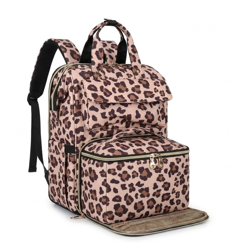 Modern lunch backpack in Leopard with the front lunch compartment open