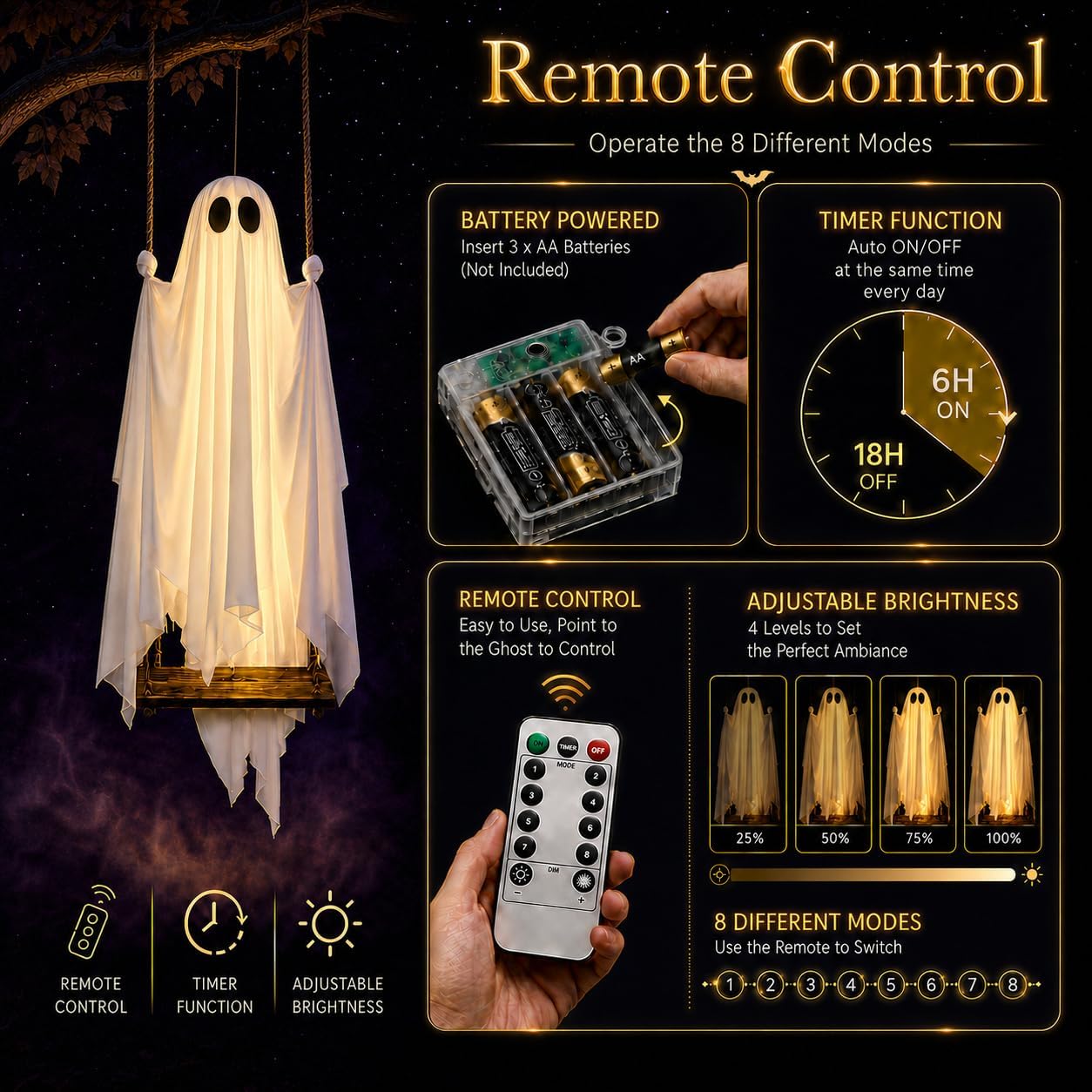 Remote-controlled swinging ghost Halloween decoration with 8 lighting modes and timer