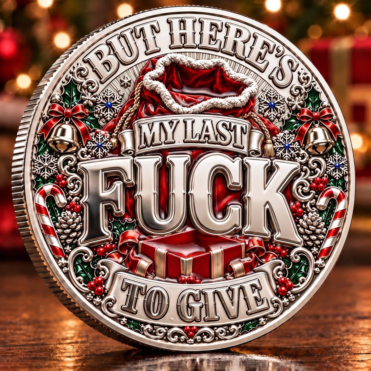 Reverse of Santa Christmas commemorative coin with gift sack and explicit holiday punchline