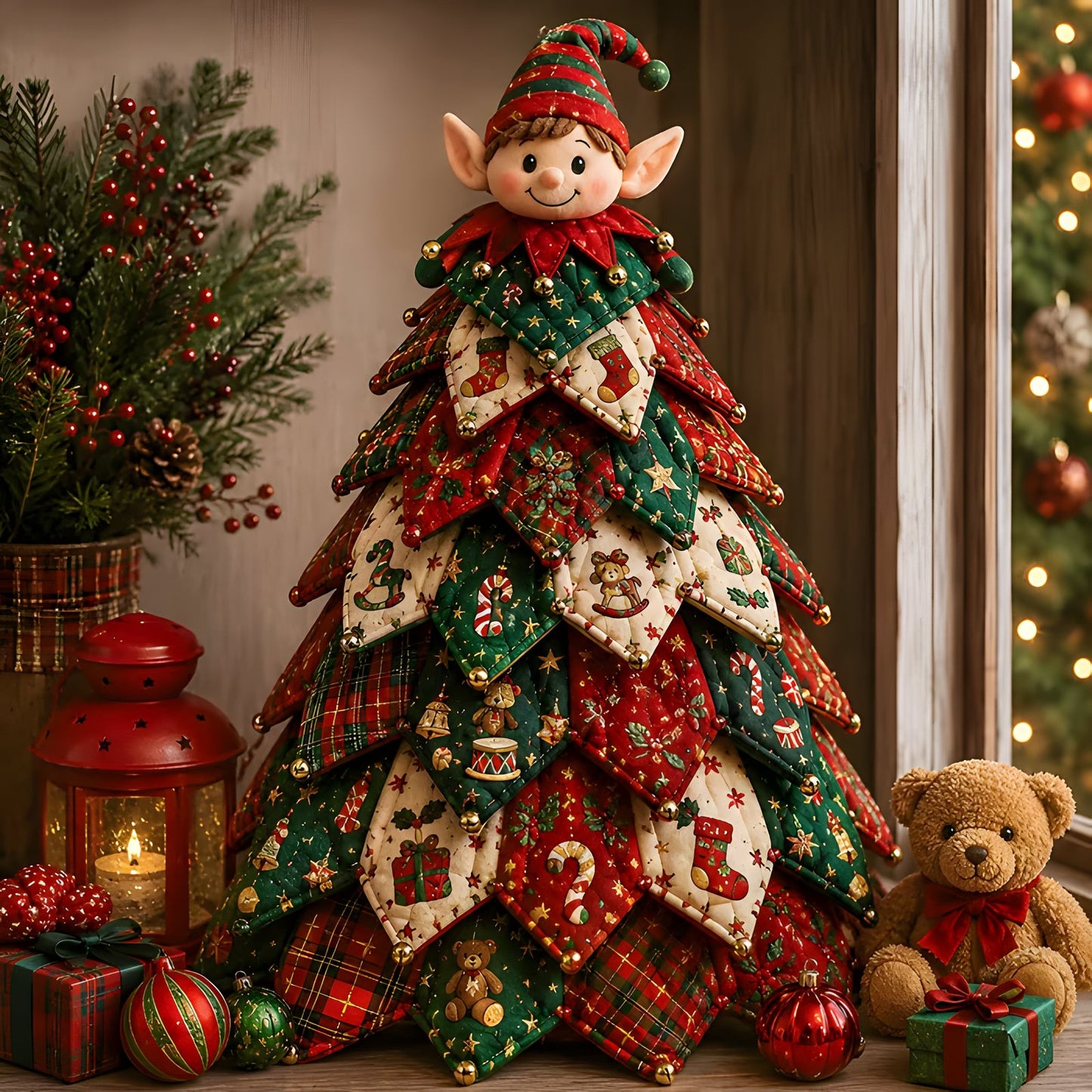 DIY quilted Christmas tree with Christmas elf topper for holiday
