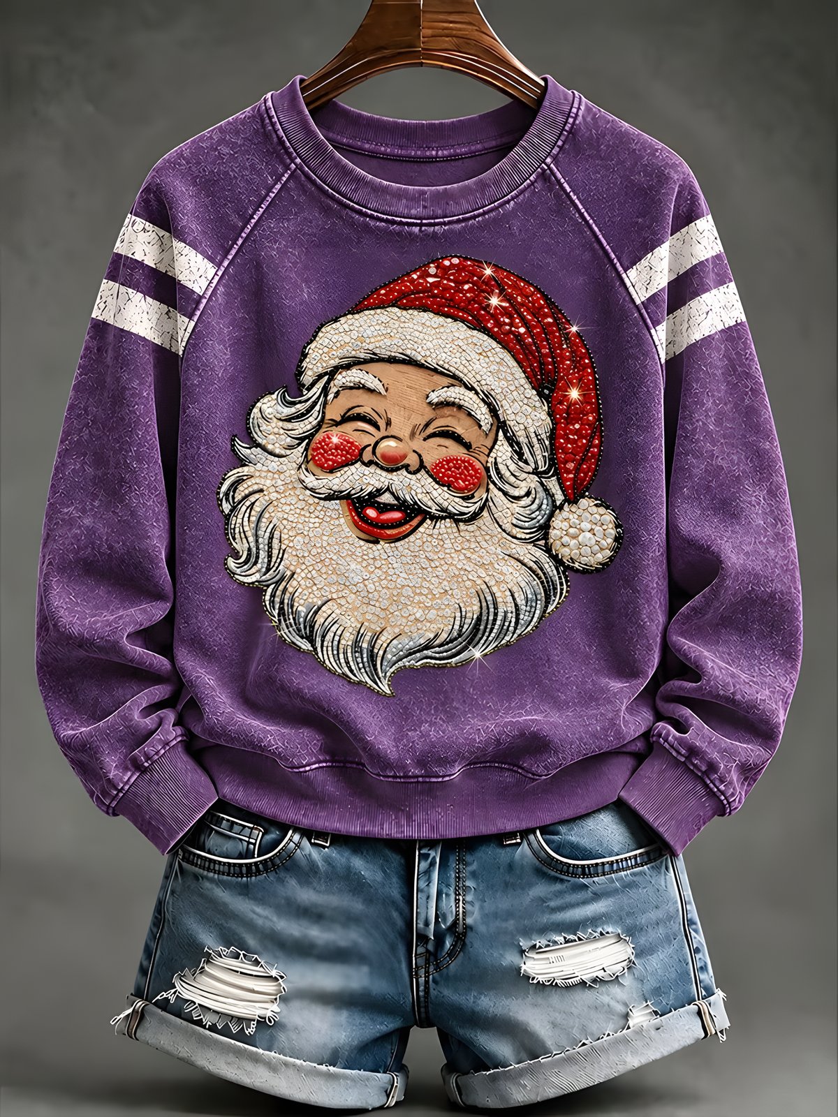 Purple women's Santa print Christmas sweatshirt with striped sleeves