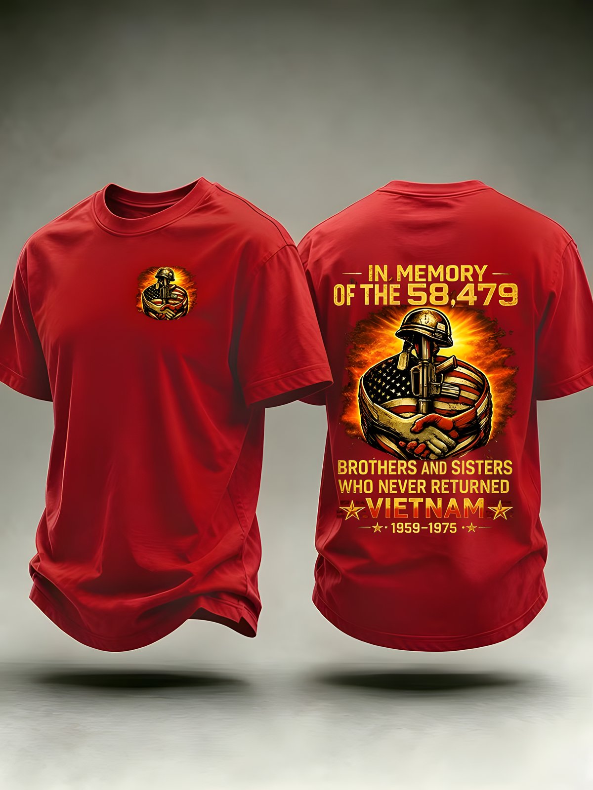 Red Vietnam memorial tribute T-shirt with front and back graphics