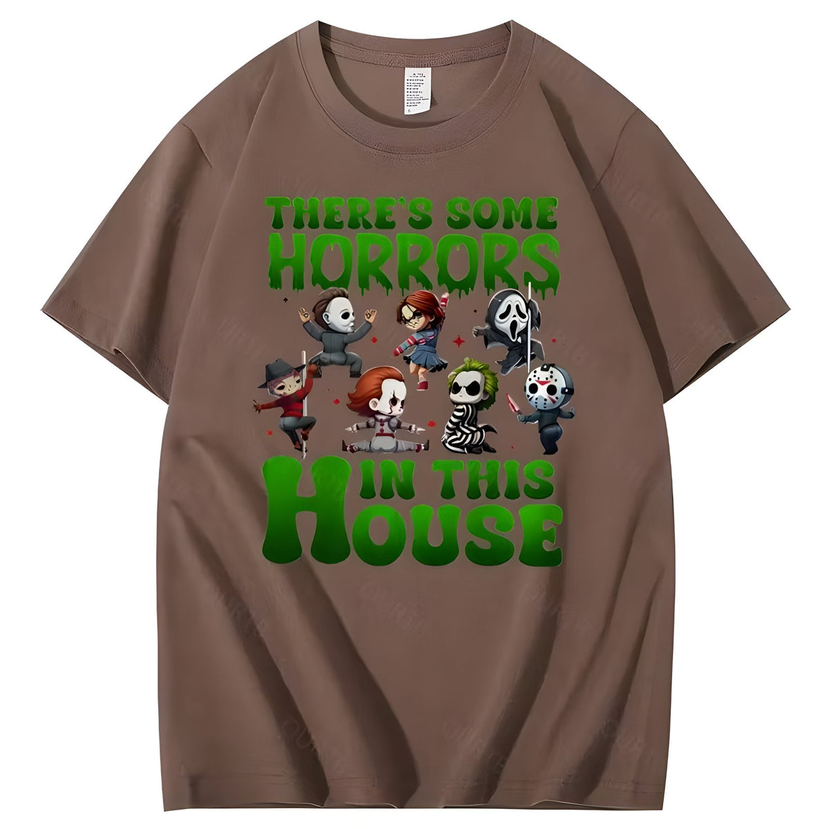 Brown Halloween horror character graphic cotton T-shirt, front view