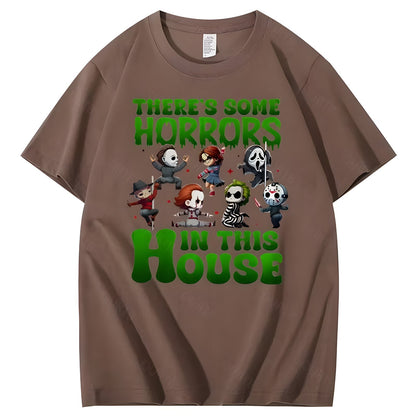 Brown Halloween horror character graphic cotton T-shirt, front view