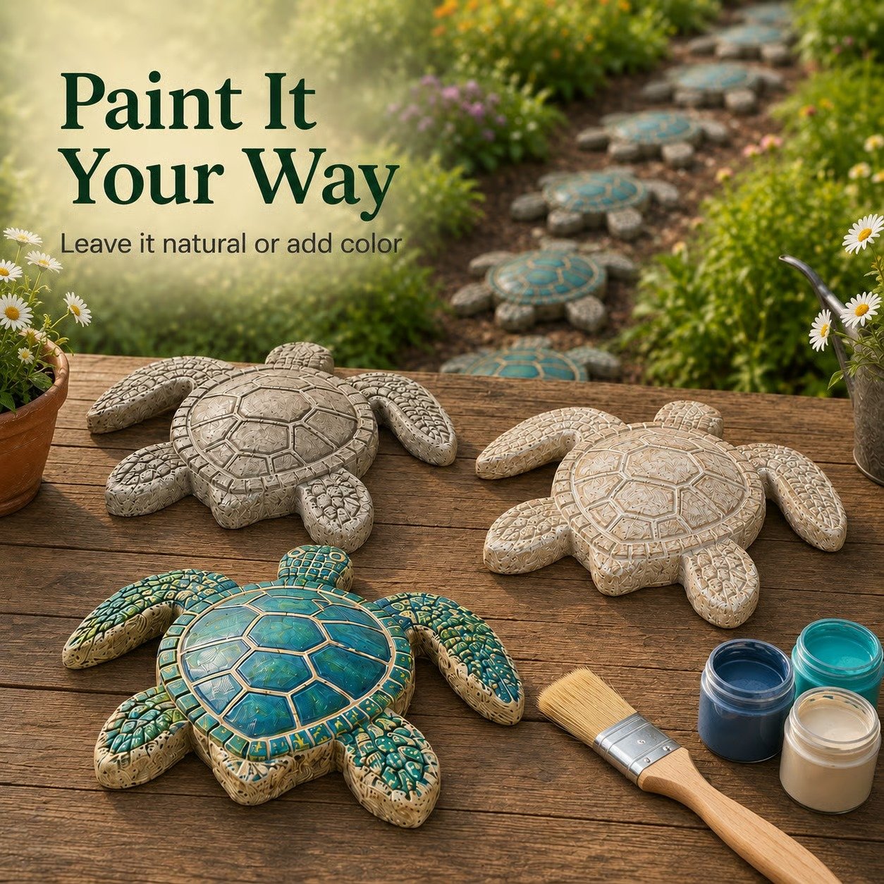 Painted stepping stones in ocean blue and natural concrete colors