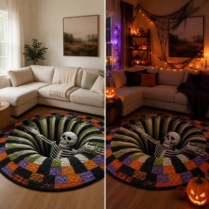 Halloween 3D vortex illusion rug in a bright daytime living room and a decorated night scene