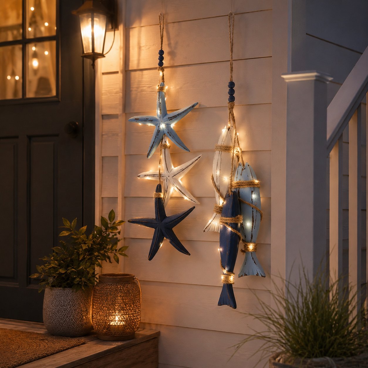 Lighted coastal starfish fish hanging decor warm glow living room