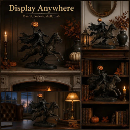 Headless Horseman statue displayed on mantel bookshelf and sideboard