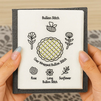 Embroidery stitch book page with labeled bullion stitch and floral patterns
