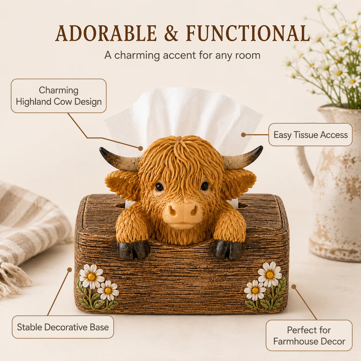Cute Highland Cow salt pepper and tissue box 2-piece set