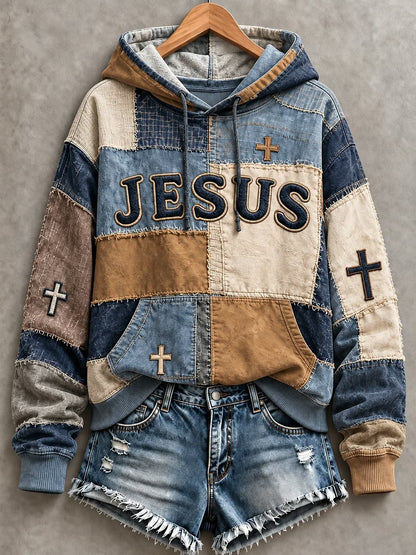 Women's JESUS cross print patchwork-look hoodie in Blue / Tan / Cream