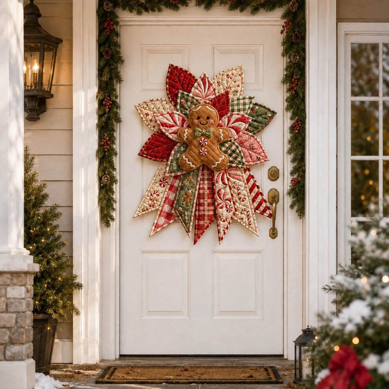 Peppermint gingerbread quilted door hanging on white door in daylight