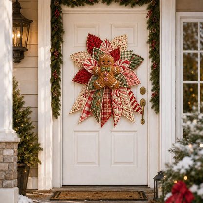 Peppermint gingerbread quilted door hanging on white door in daylight