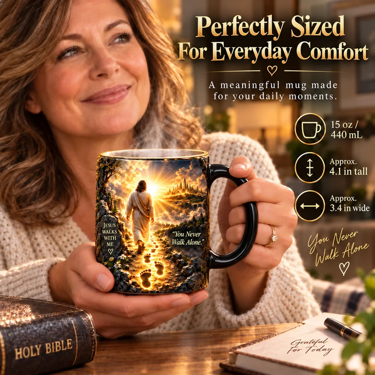 15 oz heat-reveal Jesus mug held in hand with dimensions