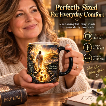 15 oz heat-reveal Jesus mug held in hand with dimensions