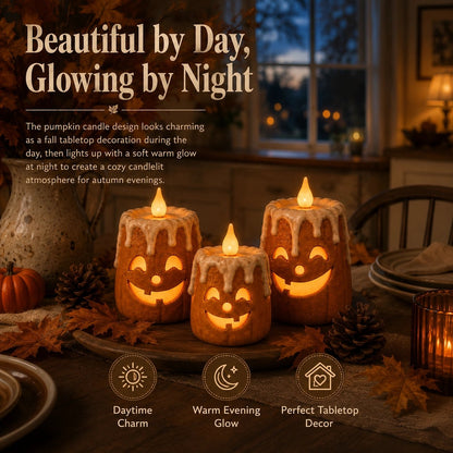 Lighted pumpkin candle trio styled in autumn living room with cozy blankets