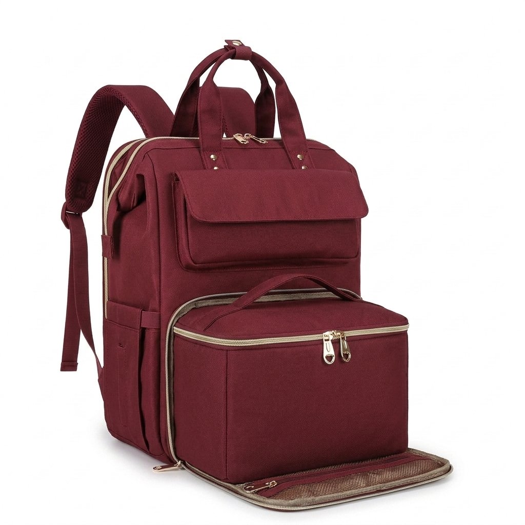 Modern lunch backpack in Burgundy with the front lunch compartment open