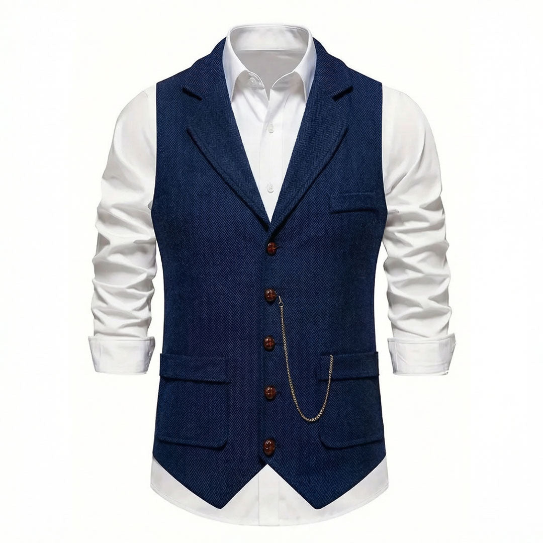 Men's Navy tweed waistcoat side angle view
